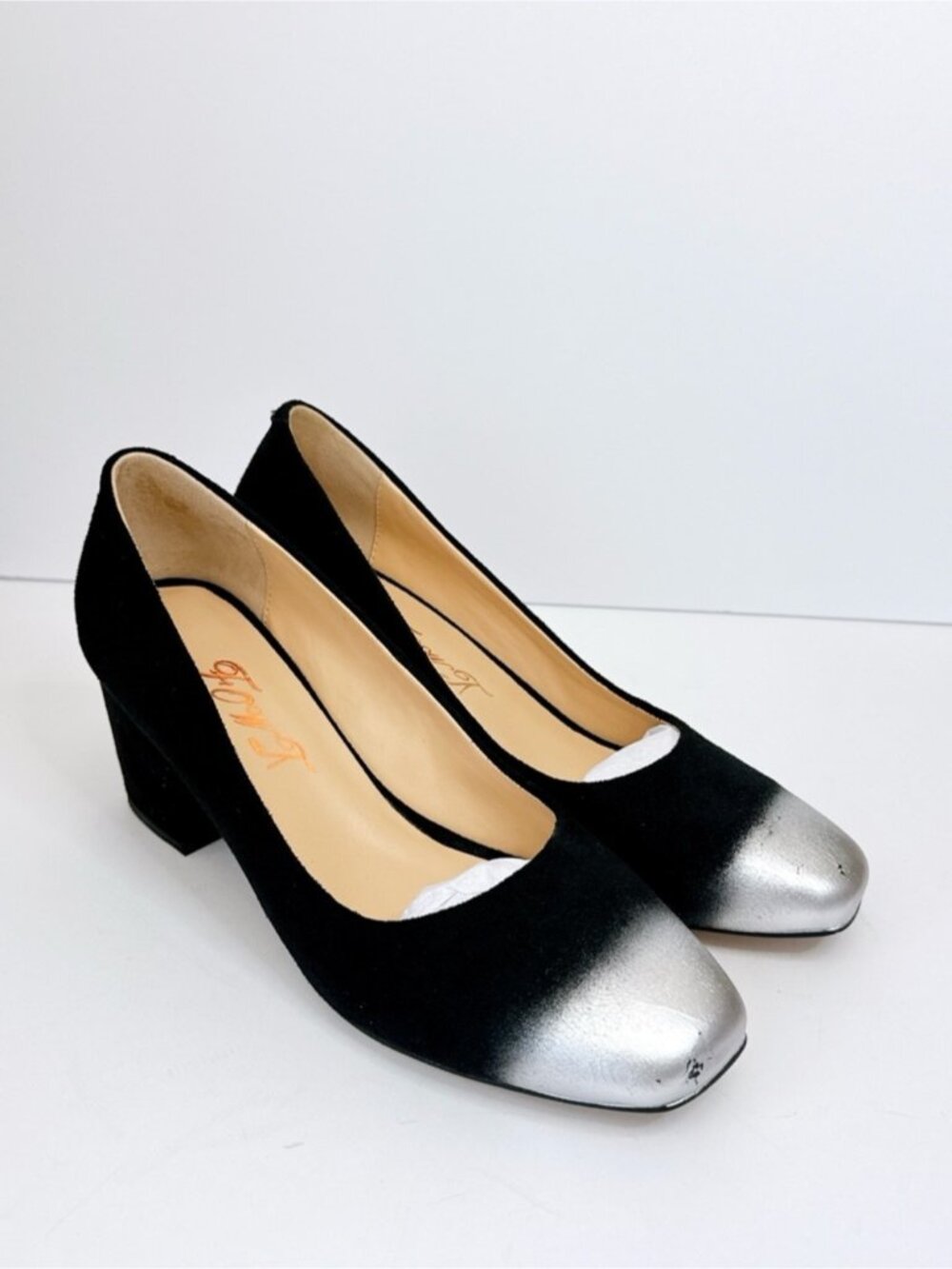 Womens Black Suede Block Heel Pumps Silver Metallic Cap Toe FOWT Size 8